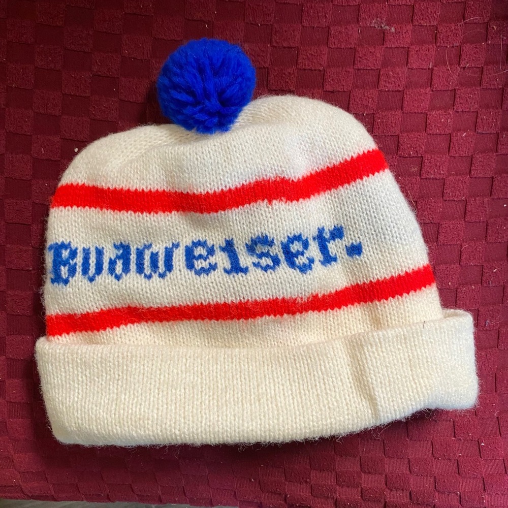 Vintage 70s 80s Budweiser Beanie Hat Knit Cuffed Winter Cap Cream Red Blue